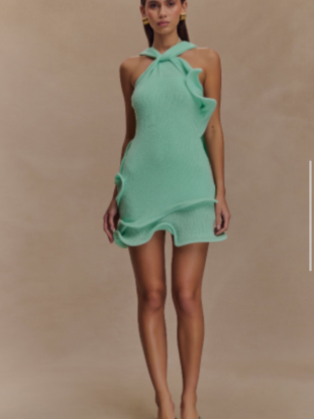 Meshki Mint Green Twist-Halter Ruffle Mini Dress